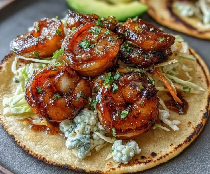 Delicious Honey Garlic Shrimp Tacos served with fresh toppings