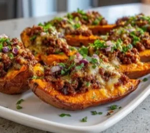 Hot honey ground beef served in sweet potato boats for a flavorful meal