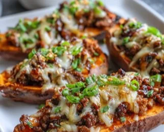 Hot Honey Ground Beef & Sweet Potato Boats