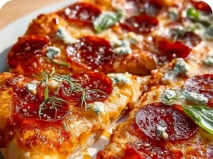 Delicious Hot Honey Pizza with Beef Pepperoni and a drizzle of honey