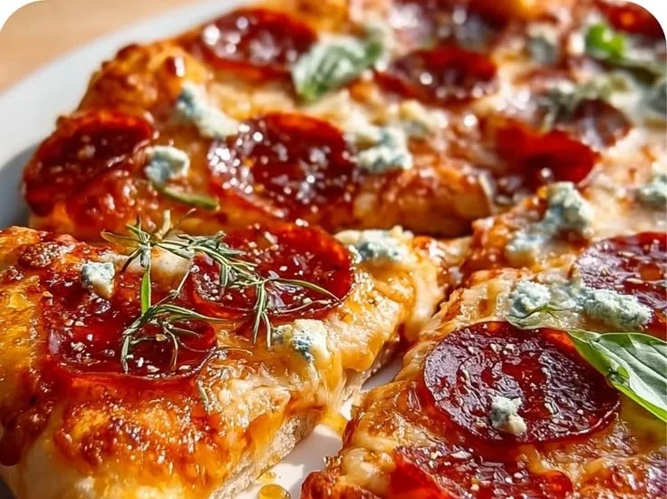 Delicious Hot Honey Pizza with Beef Pepperoni and a drizzle of honey
