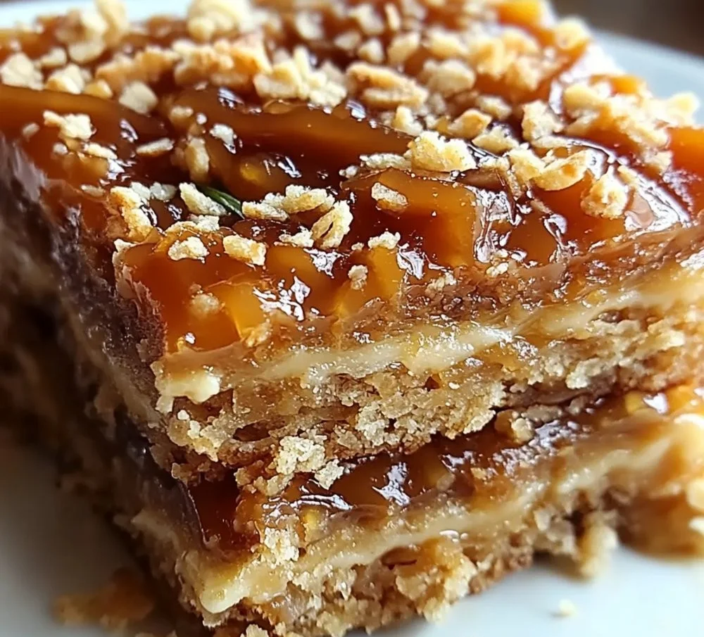 Delicious caramel crush bars stacked on a plate, perfect for a sweet treat.