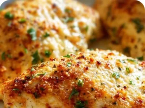 Juicy cooked chicken breast displayed on a plate with herbs