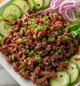Delicious Korean ground beef served with a fresh cucumber salad on a plate.