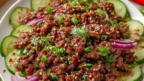 Korean Ground Beef with Cucumber Salad