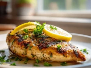 Lemon-Herb Grilled Chicken Breast served with fresh herbs and lemon slices