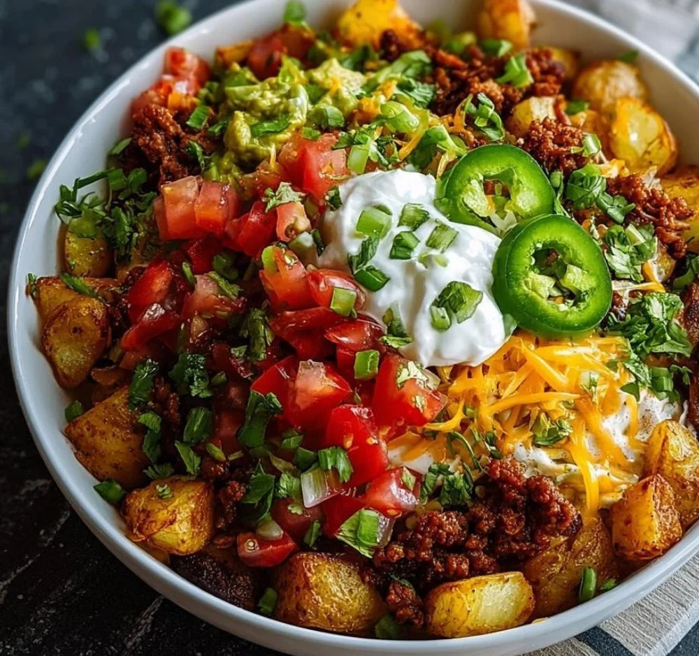 Delicious Loaded Potato Taco Bowl with crispy potatoes and taco toppings