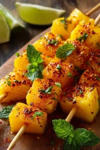 Delicious Mango Tajin Skewers ready to be served on a platter