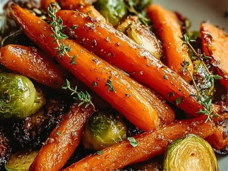 Maple-glazed carrots paired with Brussels sprouts in a vibrant dish