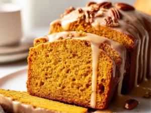 Maple-glazed pumpkin bread fresh out of the oven, perfect for fall treats.