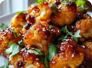 Delicious Maple Sriracha Roasted Cauliflower garnished and ready to serve
