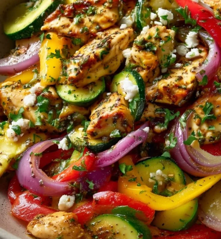 Pan of Mediterranean Chicken Stir-Fry with colorful vegetables and spices
