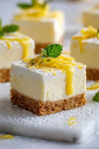 No-Bake Lemon Cheesecake Bars topped with lemon zest