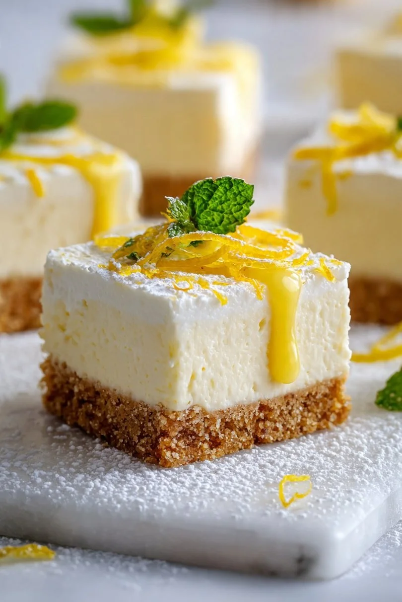 No-Bake Lemon Cheesecake Bars topped with lemon zest
