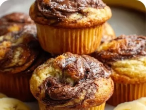 Freshly baked Nutella banana muffins on a wooden table
