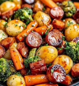 One-Pan Honey Garlic Kielbasa with a medley of colorful vegetables