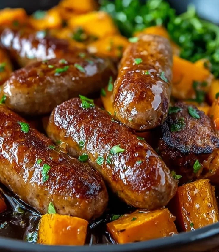 Delicious One-Pan Sausage and Sweet Potatoes dish ready to serve
