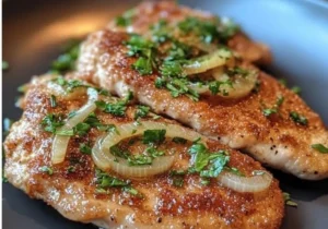 Pan-seared chicken cutlets with shallots on a white plate