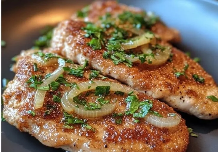 Pan-seared chicken cutlets with shallots on a white plate