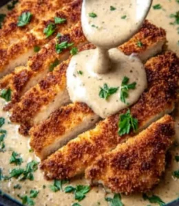 Plate of crispy Parmesan Crusted Chicken garnished with herbs