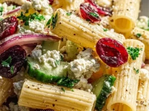 Pasta salad with feta cheese, cranberries, and vegetables in a bowl.