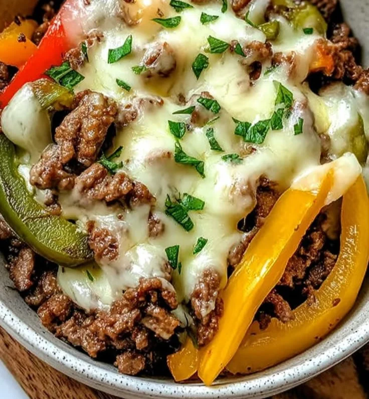 Delicious Philly Cheesesteak Bowls with steak, cheese, and peppers.