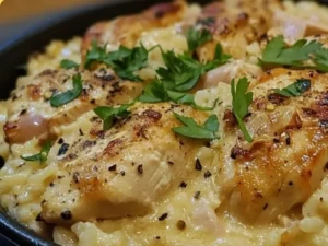 Creamy chicken rice skillet garnished with herbs in a cast-iron pan.