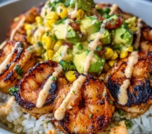 Delicious quick grilled shrimp bowls topped with creamy garlic sauce
