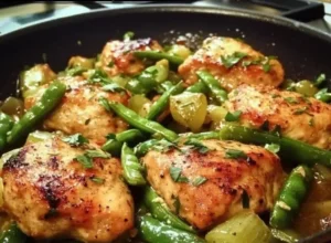 Quick skillet chicken with snap peas served on a plate, perfect for weeknight meals.