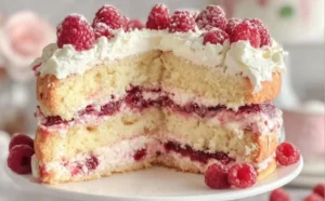 Delicious Raspberry Cream Layer Cake with layers of cream and fresh raspberries