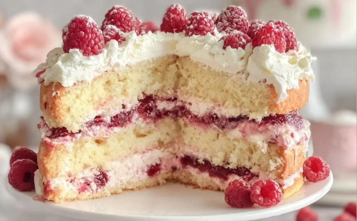 Delicious Raspberry Cream Layer Cake with layers of cream and fresh raspberries
