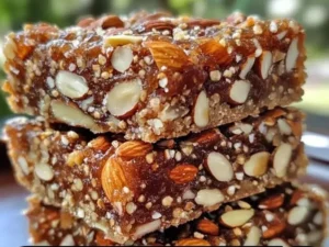 Roasted almond date squares arranged on a wooden plate as a healthy snack