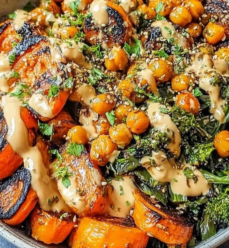 Roasted carrot and chickpea bowl with vibrant vegetables and spices