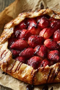 Rustic strawberry galette topped with balsamic reduction and fresh strawberries