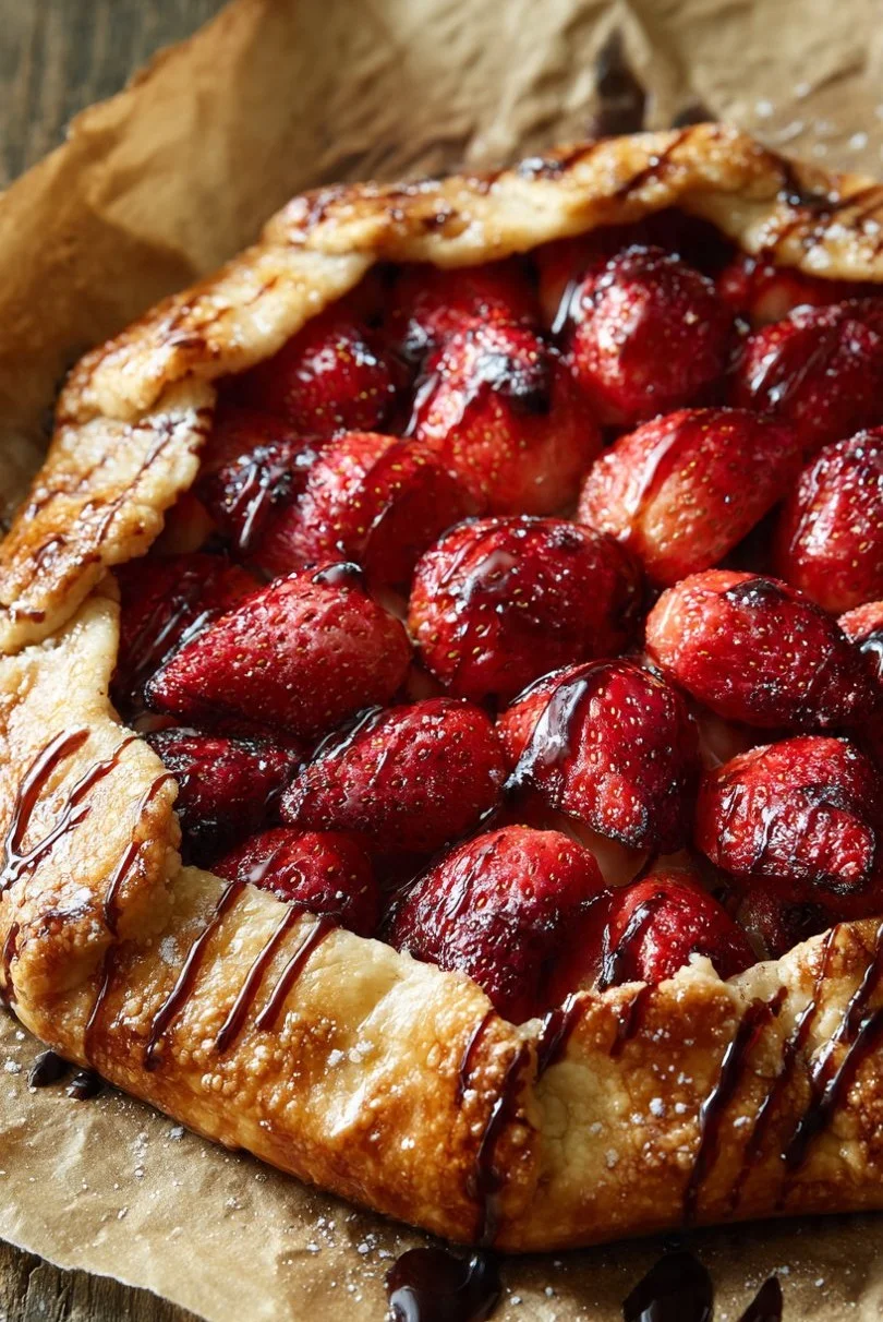 Rustic strawberry galette topped with balsamic reduction and fresh strawberries