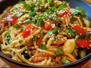 Delicious sesame noodle veggie toss with fresh vegetables