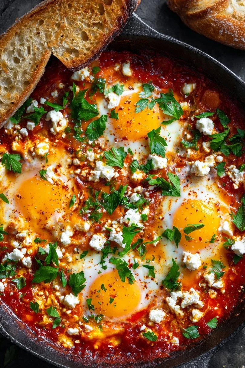 Shakshuka with feta and parsley served in a skillet