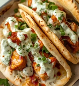Sheet pan chicken pitas with fresh ingredients and spices on a wooden table