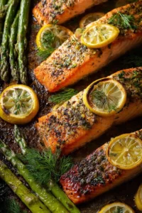 Sheet pan lemon herb salmon with asparagus ready to serve on a plate.
