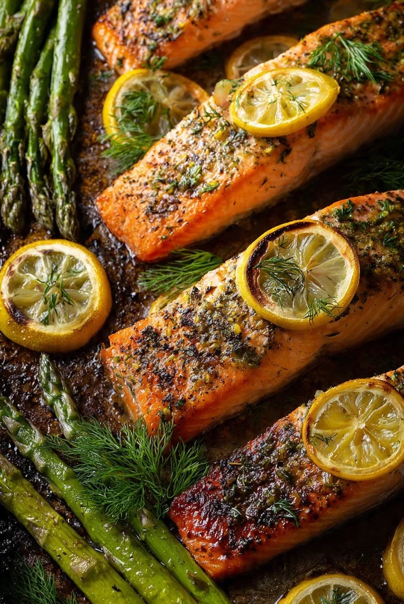 Sheet pan lemon herb salmon with asparagus ready to serve on a plate.