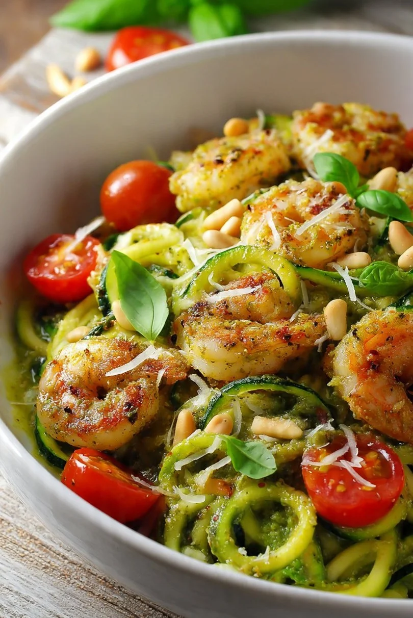Shrimp Pesto Zucchini Noodles garnished with fresh basil and cherry tomatoes