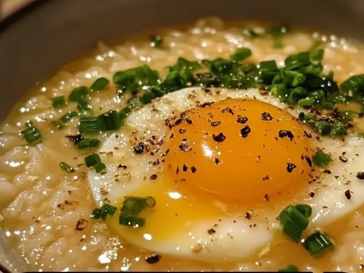 Delicious bowl of silky onion egg broth with rice, garnished with herbs.
