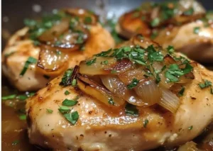 Skillet chicken with shallot pan sauce served on a white plate