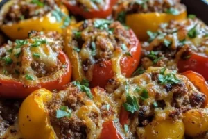 Smoky stuffed bell pepper skillet with colorful veggies and spices