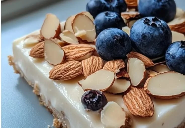 Soft Almond Yogurt Slice dessert, rich in flavor and creamy texture.