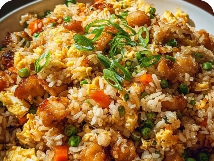 Bowl of spicy beef fried rice garnished with vegetables and herbs