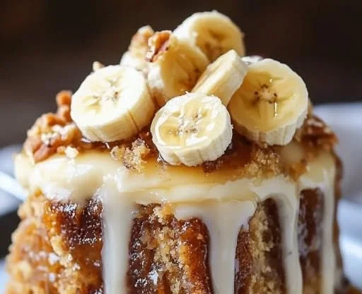 Sticky banana bread pudding cake topped with luscious toffee sauce