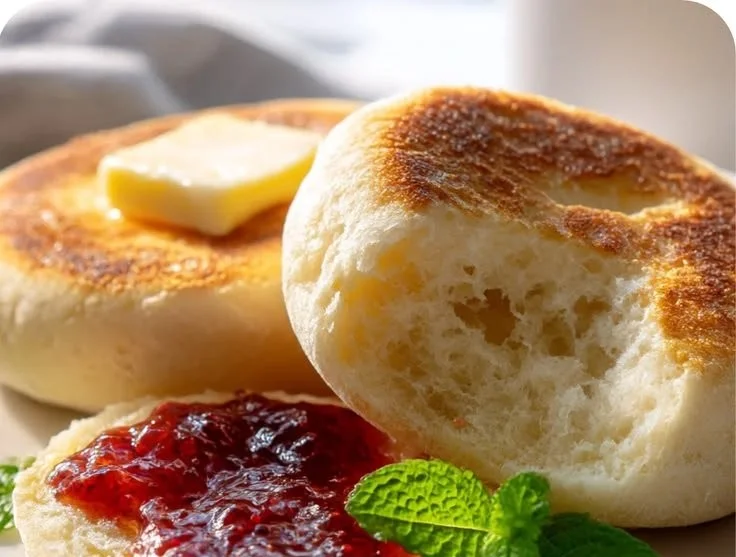 Homemade stovetop English muffins served with butter and jam