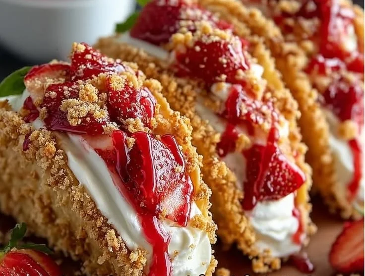 Delicious strawberry crunch cheesecake tacos topped with fresh strawberries.