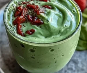 A vibrant strawberry spinach smoothie in a glass with fresh ingredients.